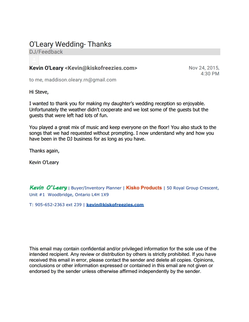 o leary wedding thankssteve's dj review